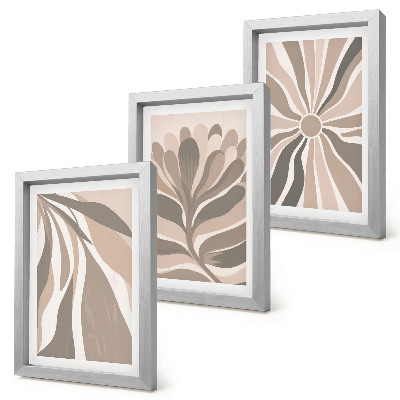 Set van ingelijste schilderijen Abstracte plantmotieven in beige en bruine tinten.
