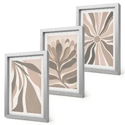 Set ingelijste schilderijen met abstracte plantmotieven in beige en bruine tinten