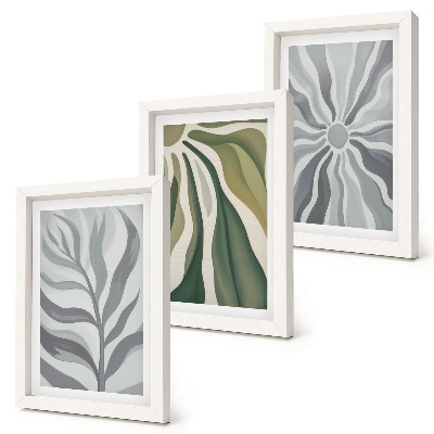Gallery wall Plantenpatronen in groene en grijze tinten.