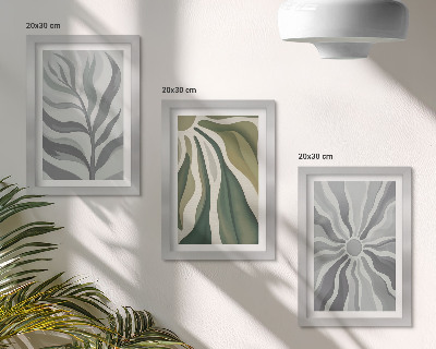 Gallery wall Plantenpatronen in groene en grijze tinten.