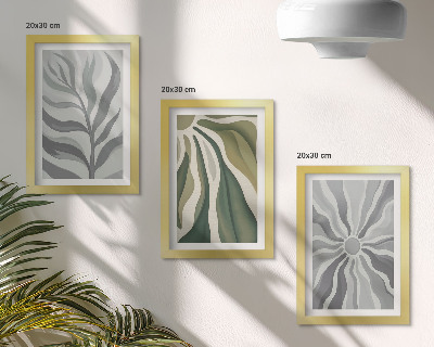 Gallery wall Plantenpatronen in groene en grijze tinten.