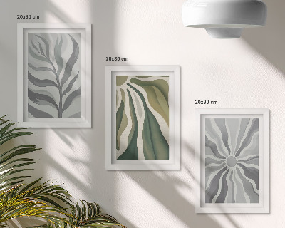 Gallery wall Plantenpatronen in groene en grijze tinten.