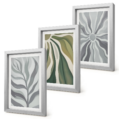 Gallery wall Plantenpatronen in groene en grijze tinten.