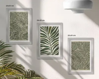 Set van ingelijste schilderijen met abstracte patronen van bladeren en golvende vormen