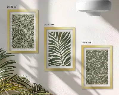 Set van ingelijste schilderijen met abstracte patronen van bladeren en golvende vormen