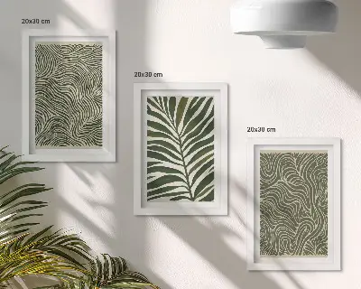 Set van ingelijste schilderijen met abstracte patronen van bladeren en golvende vormen