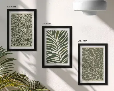 Set van ingelijste schilderijen met abstracte patronen van bladeren en golvende vormen