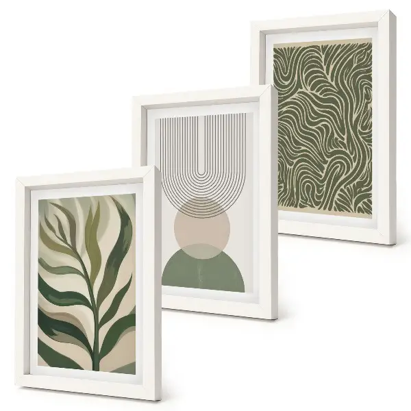 Gallery wall met abstracte bladeren en geometrische vormen