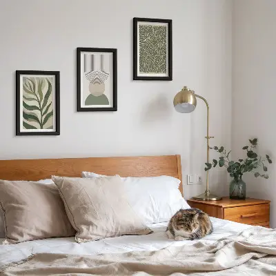 Gallery wall met abstracte bladeren en geometrische vormen