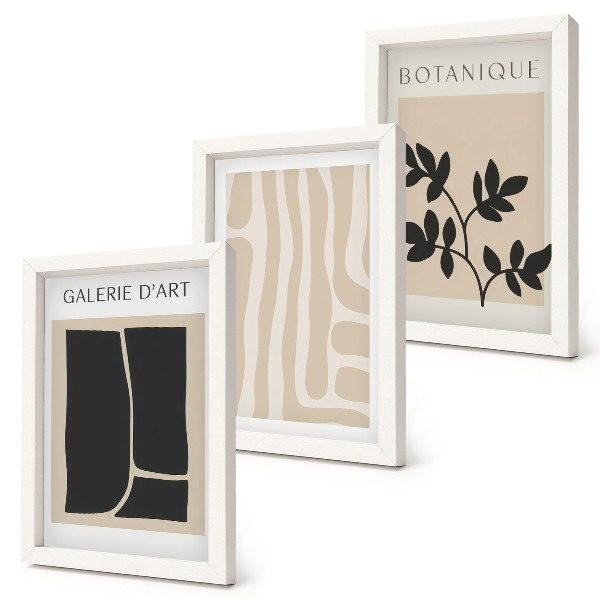 Set van ingelijste schilderijen Abstracte vormen en plantmotieven in neutrale tinten.