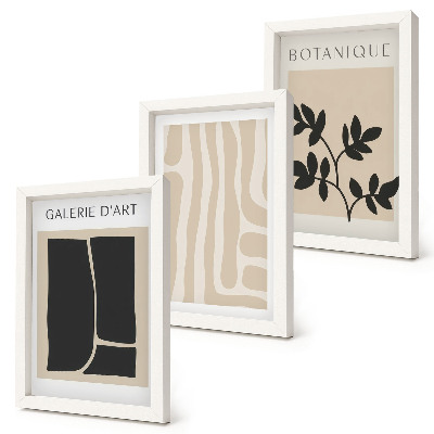 Set van ingelijste schilderijen Abstracte vormen en plantmotieven in neutrale tinten.