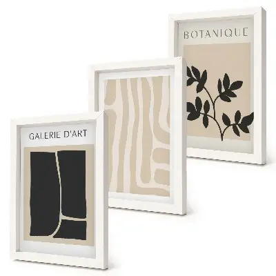 Set ingelijste schilderijen met abstracte vormen en plantmotieven in neutrale tinten