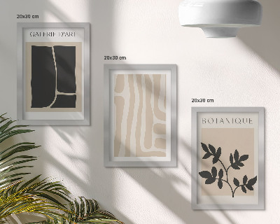 Set van ingelijste schilderijen Abstracte vormen en plantmotieven in neutrale tinten.