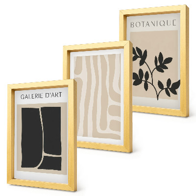 Set van ingelijste schilderijen Abstracte vormen en plantmotieven in neutrale tinten.