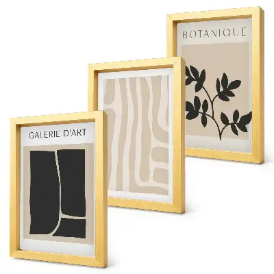 Set ingelijste schilderijen met abstracte vormen en plantmotieven in neutrale tinten