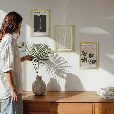 Set ingelijste schilderijen met abstracte vormen en plantmotieven in neutrale tinten