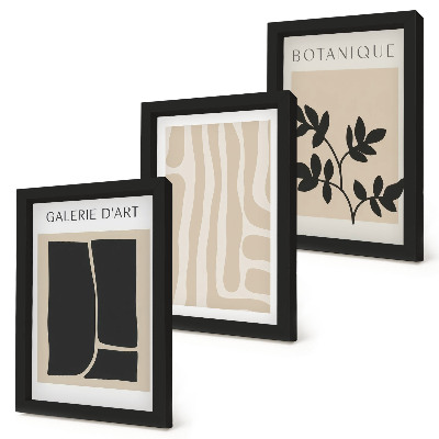 Set van ingelijste schilderijen Abstracte vormen en plantmotieven in neutrale tinten.