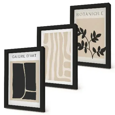 Set ingelijste schilderijen met abstracte vormen en plantmotieven in neutrale tinten