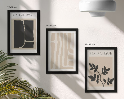 Set van ingelijste schilderijen Abstracte vormen en plantmotieven in neutrale tinten.
