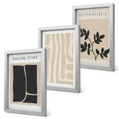 Set van ingelijste schilderijen Abstracte vormen en plantmotieven in neutrale tinten.