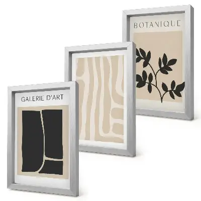 Set ingelijste schilderijen met abstracte vormen en plantmotieven in neutrale tinten
