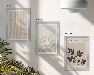 Set ingelijste schilderijen met abstracte patronen en bloemenaccenten in neutrale tinten