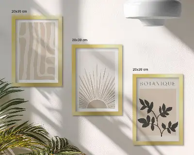 Set ingelijste schilderijen met abstracte patronen en bloemenaccenten in neutrale tinten