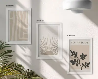 Set ingelijste schilderijen met abstracte patronen en bloemenaccenten in neutrale tinten