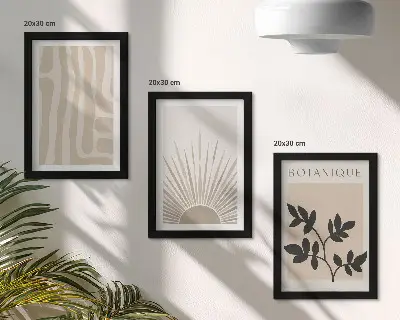 Set ingelijste schilderijen met abstracte patronen en bloemenaccenten in neutrale tinten