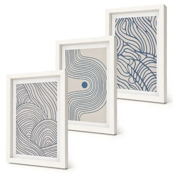 Set ingelijste schilderijen met abstracte decoratieve lijnen en golfvormen