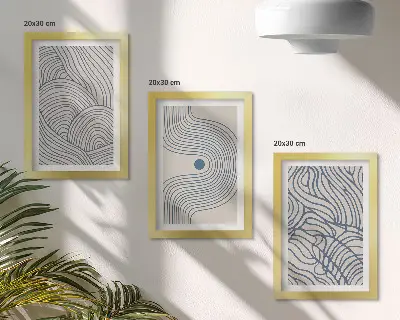 Set ingelijste schilderijen met abstracte decoratieve lijnen en golfvormen