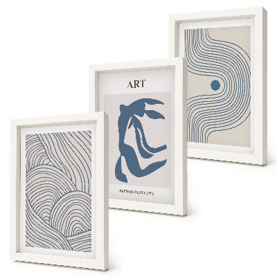 Gallery wall Abstracte patronen van lijnen en vormen in blauwe tinten.