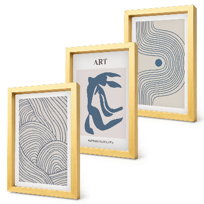 Gallery wall Abstracte patronen van lijnen en vormen in blauwe tinten.