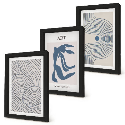 Gallery wall Abstracte patronen van lijnen en vormen in blauwe tinten.