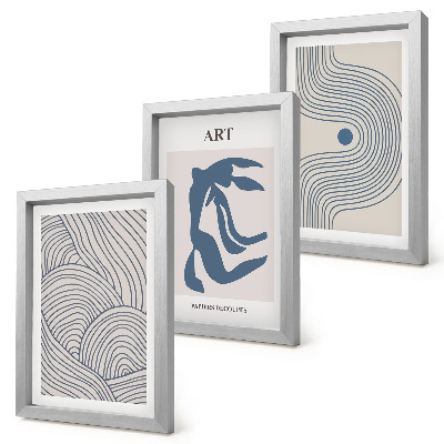 Gallery wall Abstracte patronen van lijnen en vormen in blauwe tinten.