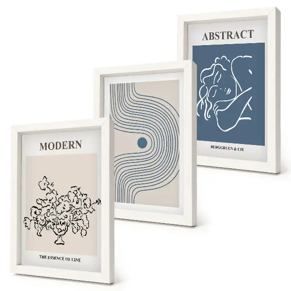 Set van ingelijste schilderijen met bloemen, lijnen en abstracte vormen