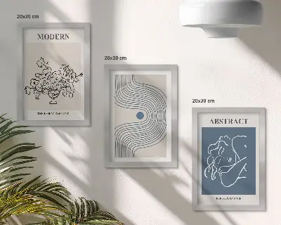 Set van ingelijste schilderijen met bloemen, lijnen en abstracte vormen