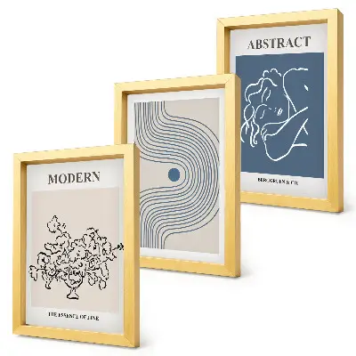 Set van ingelijste schilderijen met bloemen, lijnen en abstracte vormen
