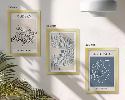 Set van ingelijste schilderijen met bloemen, lijnen en abstracte vormen