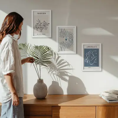 Set van ingelijste schilderijen met bloemen, lijnen en abstracte vormen