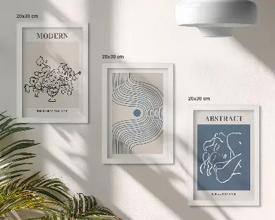 Set van ingelijste schilderijen met bloemen, lijnen en abstracte vormen