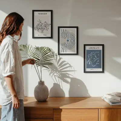 Set van ingelijste schilderijen met bloemen, lijnen en abstracte vormen