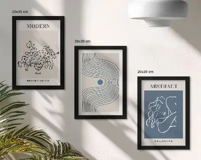 Set van ingelijste schilderijen met bloemen, lijnen en abstracte vormen