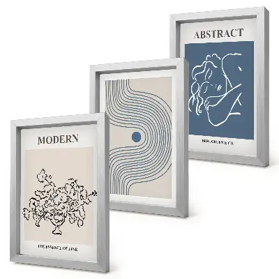 Set van ingelijste schilderijen met bloemen, lijnen en abstracte vormen