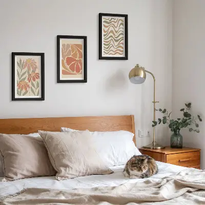 Set van ingelijste schilderijen met pastelkleurige bloemen en abstracte patronen