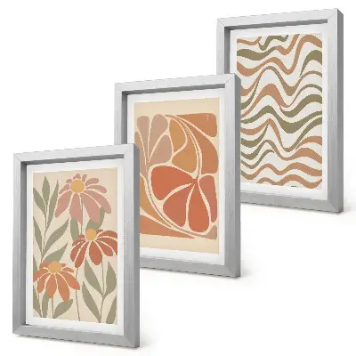 Set van ingelijste schilderijen met pastelkleurige bloemen en abstracte patronen