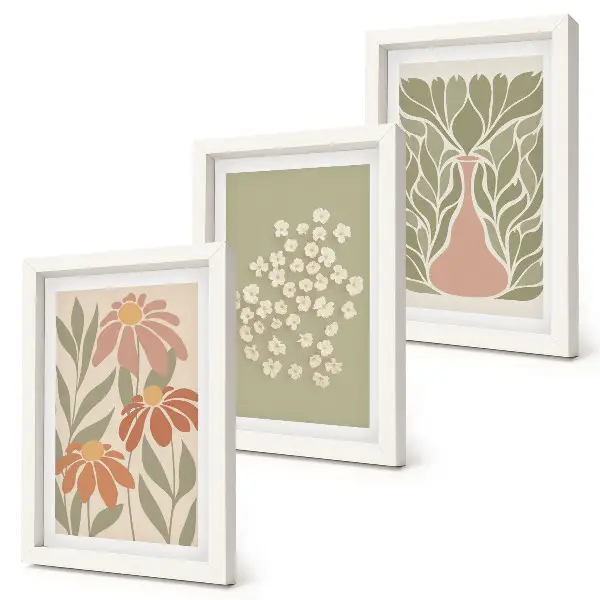 Set van ingelijste schilderijen met bloemmotieven in minimalistische boho-stijl