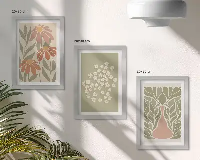 Set van ingelijste schilderijen met bloemmotieven in minimalistische boho-stijl