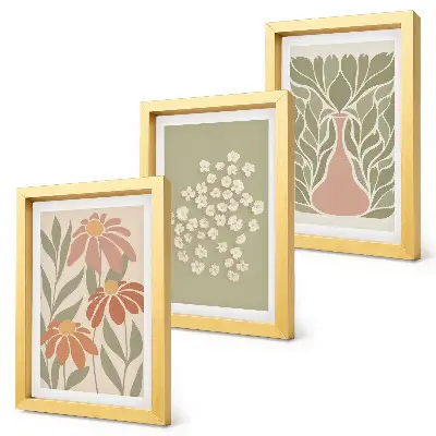 Set van ingelijste schilderijen met bloemmotieven in minimalistische boho-stijl