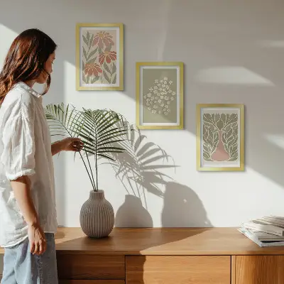 Set van ingelijste schilderijen met bloemmotieven in minimalistische boho-stijl